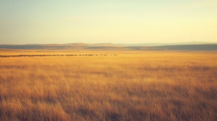 Vast golden fields stretch under a soft morning light, offering an endless view of natural beauty and tranquility.