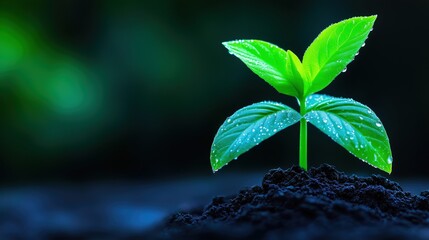 Close-up of a vibrant green seedling with fresh dew drops, emerging from rich, dark soil against a soft, blurred green background, symbolizing growth and new beginnings.