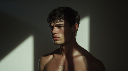 Obraz premium A young man gazes thoughtfully into the distance, illuminated by dramatic shadow and light, capturing a moment of introspection and resilience.
