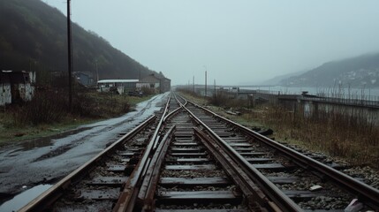 Fototapeta premium Wet pavement is illuminated by streetlights, reflecting a moody urban night scene with blurred car tail lights in the distance.