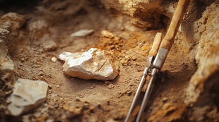 A sunlit archaeological dig site reveals ancient tools and a prominent rock, evoking the timeless allure of exploration and discovery.