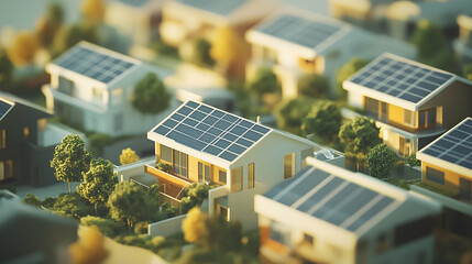 A miniature cityscape with solar-panel rooftops for sustainable urban living emphasis