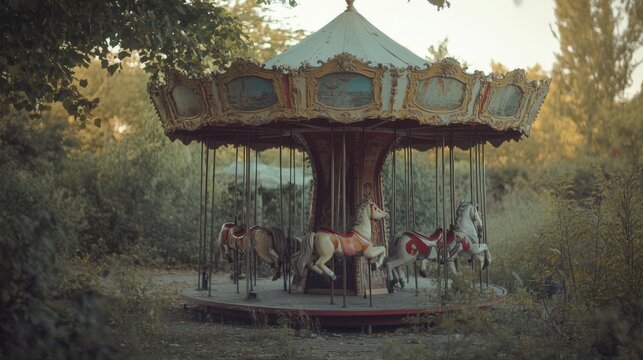A quaint carousel stands silent and abandoned in overgrown woods, evoking nostalgia and forgotten joy.