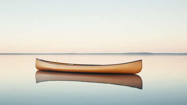 A lone canoe gently floats on a serene lake, reflecting the soft pastel hues of dawn, enveloped in tranquility and stillness.