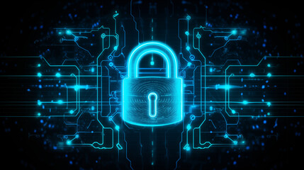A digital padlock glowing with blue neon light, surrounded by binary code and data streams, abstract circuit board background, concept of cybersecurity, futuristic and secure