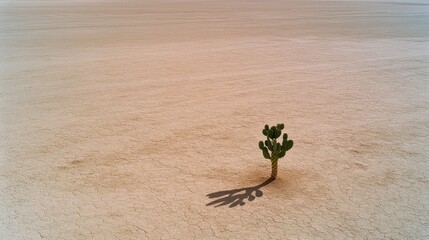 Obraz premium A lone cactus casts a long shadow on the vast, cracked surface of a barren desert, embodying resilience amidst desolation.