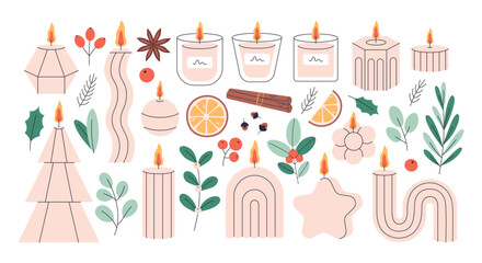 Christmas candles. Hand drawn candles with Christmas floral decorations, cinnamon, berries, leaves, clove spices. Winter design. Vector illustration in flat style