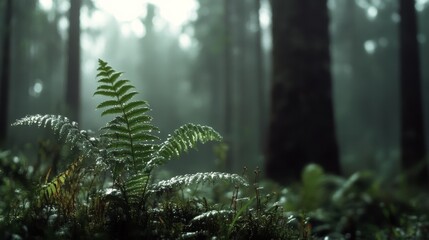 Obraz premium In a foggy forest, a solitary fern stands resplendent with dew, a symbol of resilience and delicate beauty amidst towering trees.
