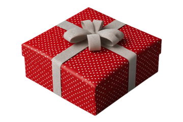 beautifully wrapped red gift box with ribbon and polka dots, perfect for celebrations and special occasions