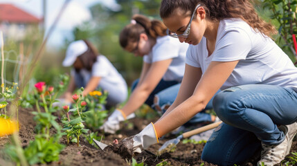 A group of volunteers work together in a community garden, bending down to plant flowers and vegetables. They wear gloves and casual clothing, enjoying the warm sunshine