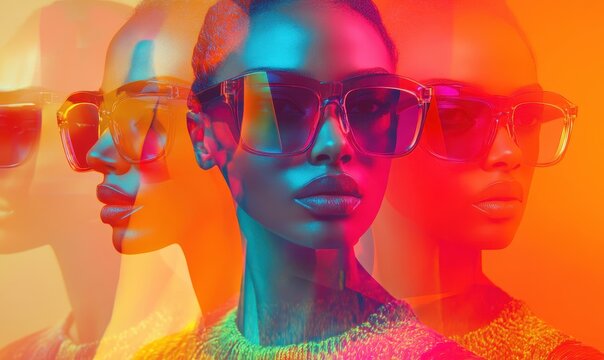 Futuristic multicultural fashion with models in sunglasses. Generative AI image