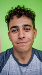 Obraz premium A young Hispanic man with curly hair and a friendly smile posing against a vibrant green background, exuding a warm and approachable vibe.