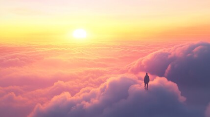 A solitary figure stands atop fluffy clouds, gazing at a breathtaking sunrise, capturing a moment of peace and endless possibilities in the pastel sky.