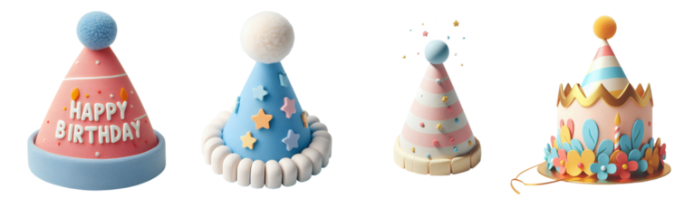 The image features four colorful and festive party hats isolated on transparent or white background. Each hat has a unique design. The hats are perfect for adding a festive touch to any celebration.