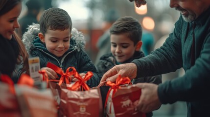 Obraz premium Two excited young boys receive gifts wrapped in red paper, their delighted expressions capturing the spirit of giving and warmth in a festive atmosphere.