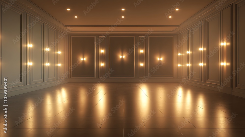 Poster minimalist modern empty room with warm lighting and reflective floor for interior design and archite