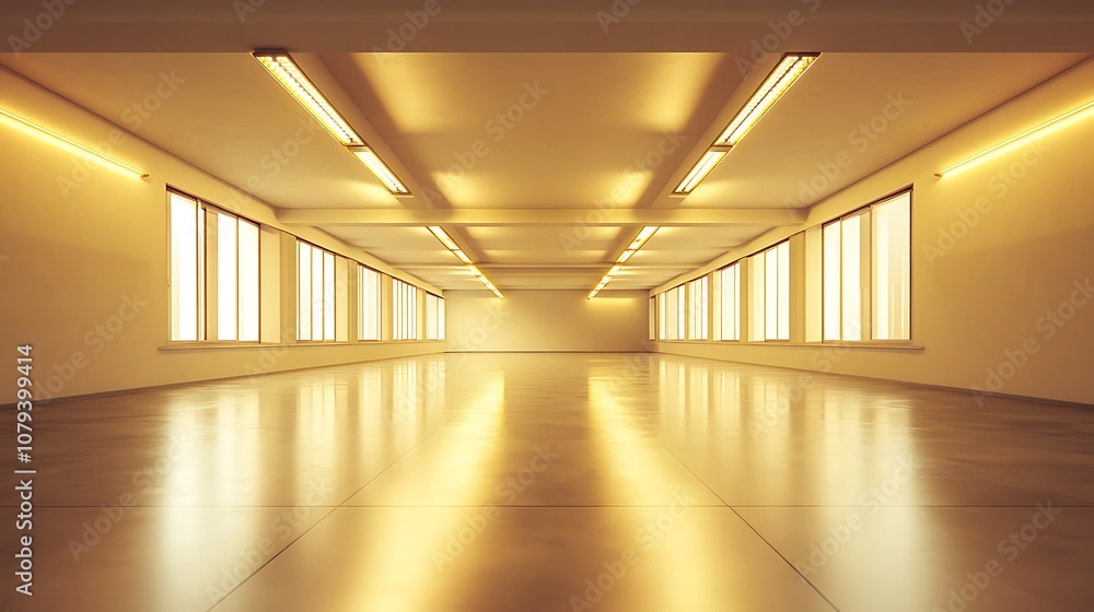 Poster empty spacious room with sunlight streaming through windows, creating warm and inviting atmosphere