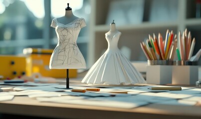 Generative AI image of fashion designer haute couture table with set of pencils and various sketches on paper with white dress on miniature mannequin