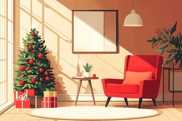 Cozy christmas living room with decorated tree and gifts in warm tones