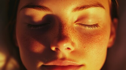 Close-up of a relaxed face in meditation, with closed eyes and a calm expression, gentle shadows on soft skin, minimal background, exuding peace and tranquility for a serene, natural look.