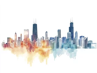 A detailed watercolor painting of the Chicago skyline against a white background, Depict the diversity of architectural styles that define Chicago's unique skyline