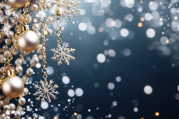 Elegant holiday ornaments and snowflakes on a sparkling background