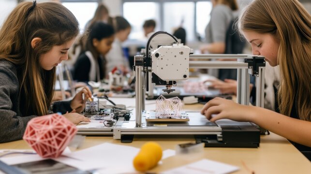 Students engage in collaborative innovation, focused on a 3D printer with geometric models, fostering creativity and teamwork in a classroom setting.