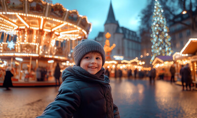 Obraz premium Happy boy smiling at camera looking around admiringly at evening lights of Christmas market in Europe. Blurred carousel lights, market stalls create festive, warm atmosphere in background.