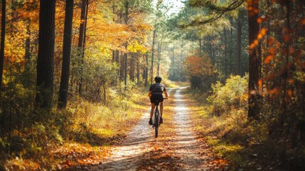 Fototapeta premium A cyclist navigates a sunlit forest path, surrounded by vibrant autumn leaves, capturing the essence of an adventurous ride through nature.
