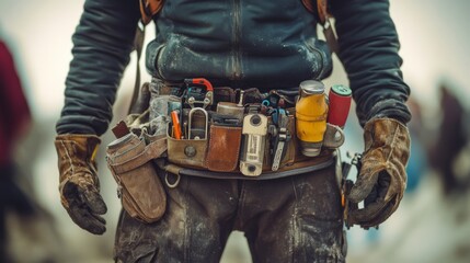 A close-up of a worker’s tool belt is laden with various tools and gadgets, symbolizing readiness and craftsmanship in an industrial setting.