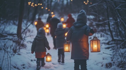 A group of children, bundled in winter clothing, joyously carry lanterns along a snow-dusted path, the glowing lights illuminating their magical journey.