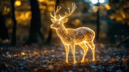 A radiant holographic deer stands in a mystical forest, its glowing form blending with the autumn colors.