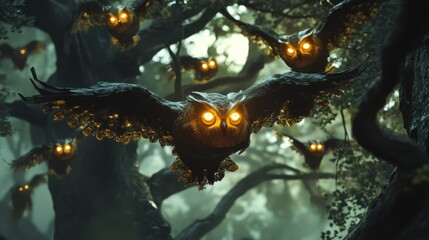 A band of luminous owls with glowing eyes soars through a mysterious forest, creating a nighttime fantasy scene.