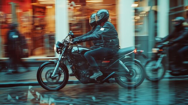 A motorcycle duo, clad in jackets and helmets, zooms through a busy city street, capturing a moment of speed and urban adventure.