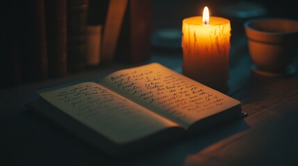 An open journal with handwritten notes lies illuminated by candlelight, casting a warm, contemplative glow over the words.