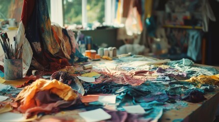 Bright studio filled with fabric, paints, and artistic chaos where creativity thrives, suggesting an artist's sanctuary rich with inspiration and possibility.