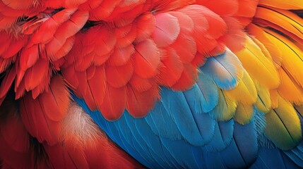 Fototapeta premium Vivid close-up of a parrot's feathers showcasing striking colors and mesmerizing patterns in vibrant detail.