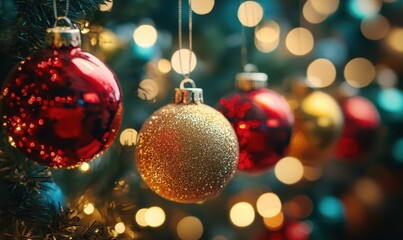 Holiday decorations. Festive Christmas decorations in vibrant colors, New Year celebrations