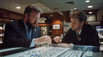 Two men in suits carefully examine jewelry in a store, showcasing focus, expertise, and the art of selection and craftsmanship.