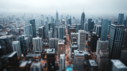 A vast cityscape stretches into the foggy horizon, blending urban density with the mysterious beauty of a mist-shrouded skyline.