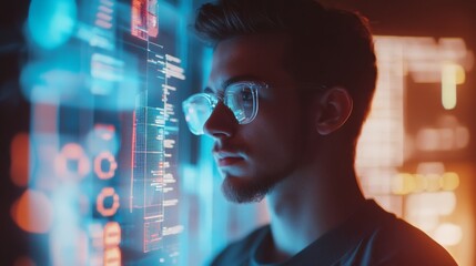 A young man in glasses examines a digital interface illuminated with colorful data graphics in a dimly lit environment.