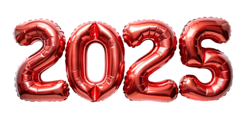 red foil balloon for new year in the shape of the number 2025, isolated on the white background