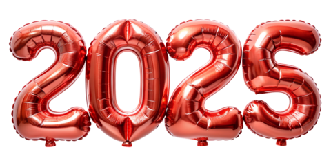 red foil balloon for new year in the shape of the number 2025, isolated on the white background