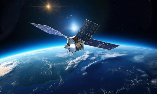 An artificial satellite with solar panels orbiting the Earth in space. Wallpaper from dark space.