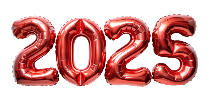 red foil balloon for new year in the shape of the number 2025, isolated on the white background
