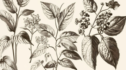Vintage botanical illustration with detailed line work and sepia tones, echoing classic scientific drawings. Botanical. Illustration