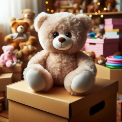 A teddy bear sits atop a cardboard box filled with toys, likely gathered for donation or charitable distribution.
