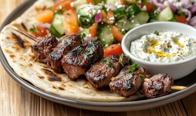 Greek Lamb Souvlaki Plate with Pita, Tzatziki, and Fresh Greek Salad for Culinary Inspiration