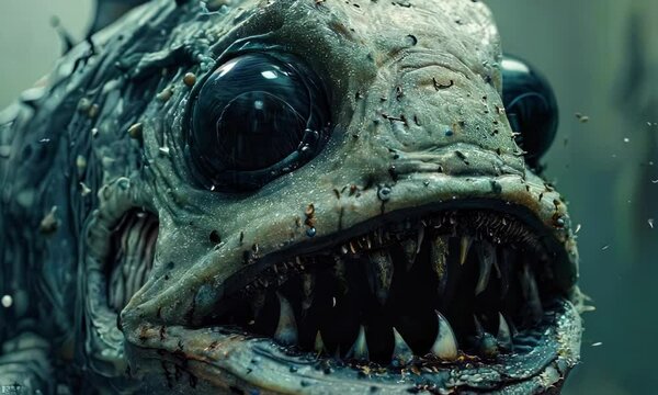 A huge fish with fangs and big black eyes.