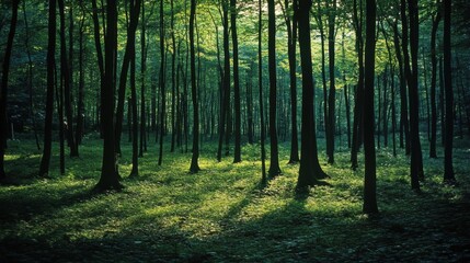 Fototapeta premium Sunlight filters through a lush forest canopy, casting soft shadows on the verdant forest floor, creating a tranquil and magical green sanctuary.